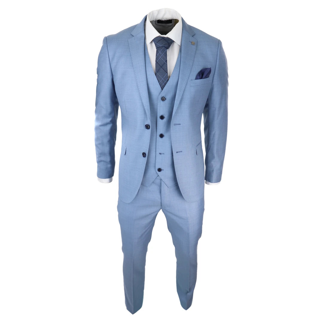 Mens Light Blue Sky 3 Piece Suit Classic Stitch Wedding Summer Prom Classic-TruClothing