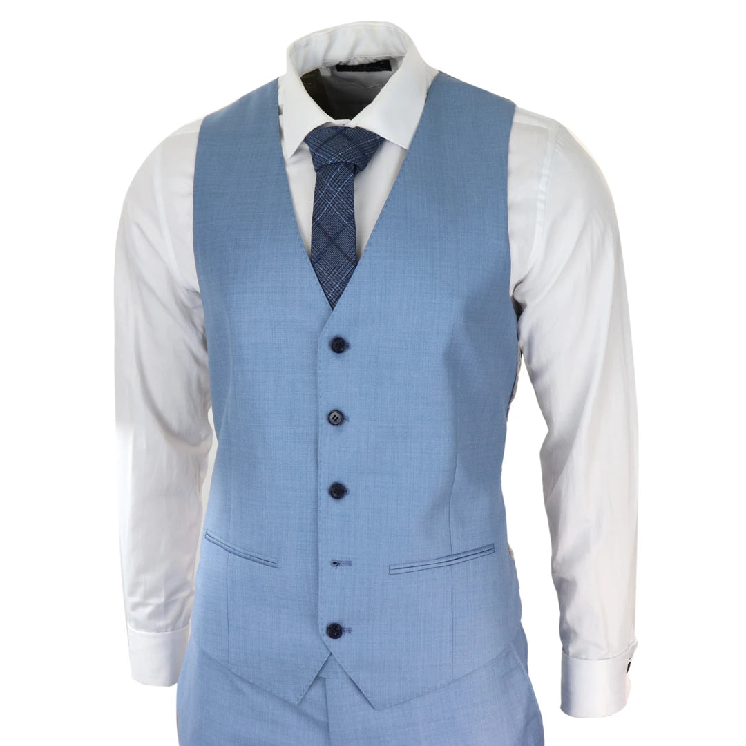 Mens Light Blue Sky 3 Piece Suit Classic Stitch Wedding Summer Prom Classic-TruClothing