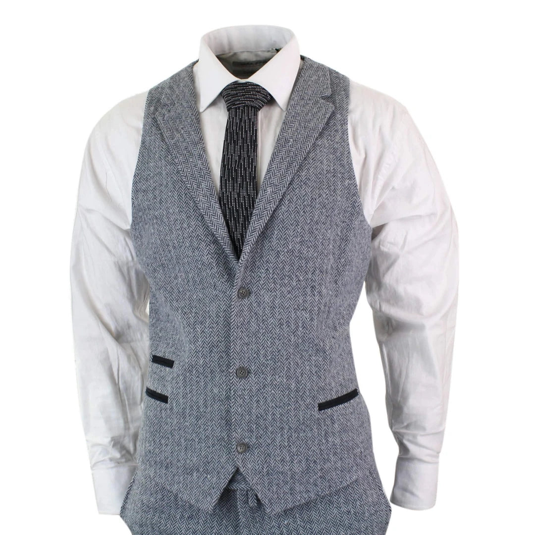 Men's Light Grey 3 Piece Tweed Herringbone Suit - STZ11-TruClothing