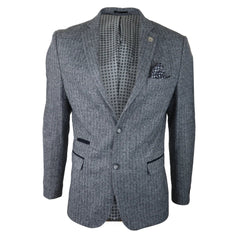 Mens Light Grey Black Blazer Jacket Tweed Suit Herringbone Wool Vintage Retro 1920s-TruClothing