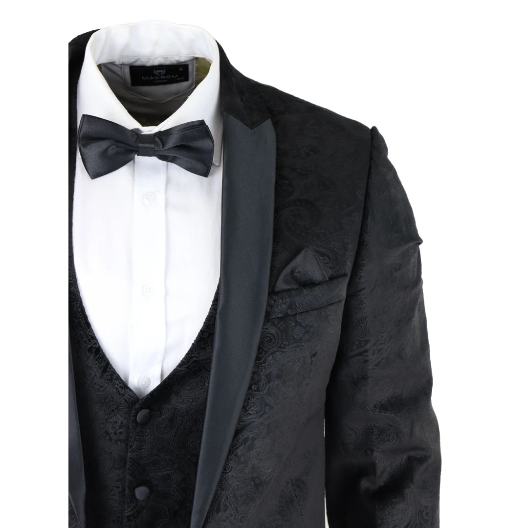 Mens Marc Darcy Velvet Paisley Black Fit 3 Piece Suit Tuxedo Dinner Jacket Wedding-TruClothing