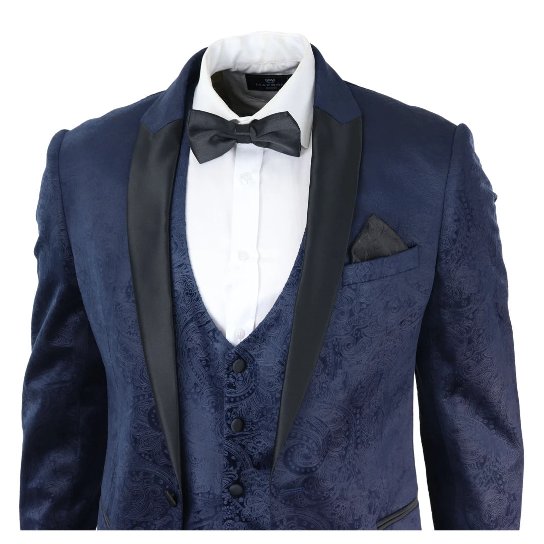 Mens Marc Darcy Velvet Paisley Blue Fit 3 Piece Suit Tuxedo Dinner Jacket Wedding-TruClothing