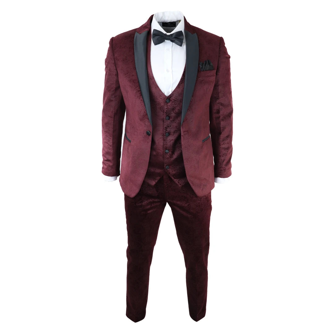 Mens Marc Darcy Velvet Paisley Burgundy Fit 3 Piece Suit Tuxedo Dinner Jacket Wedding-TruClothing