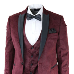 Mens Marc Darcy Velvet Paisley Burgundy Fit 3 Piece Suit Tuxedo Dinner Jacket Wedding-TruClothing