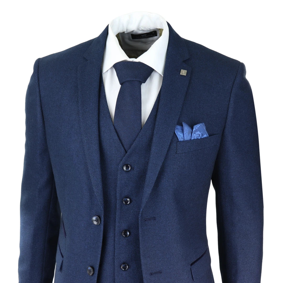 Mens Navy Blue 3 Piece Suit Birdseye Suit Wedding Prom Formal Smart Classic-TruClothing