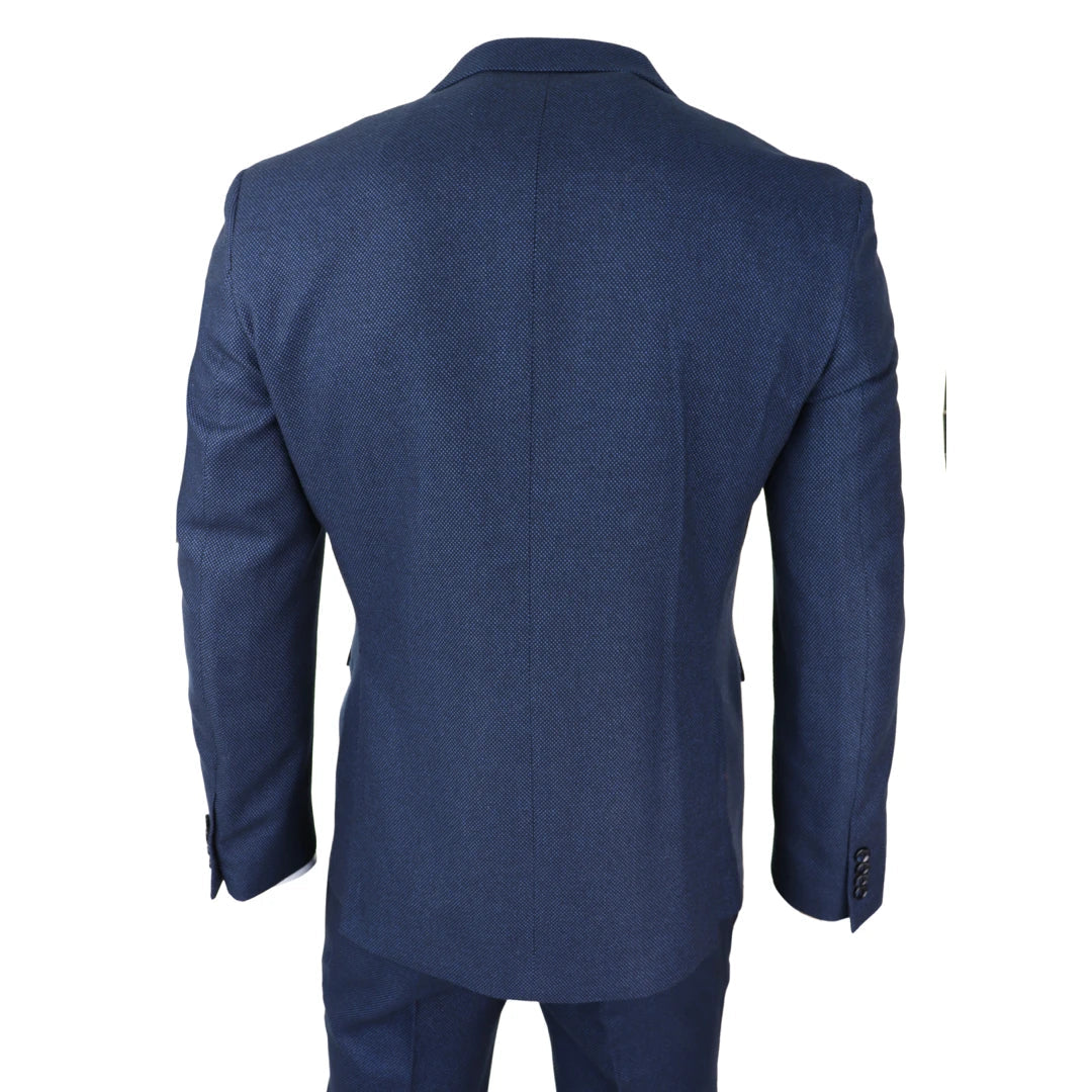 Mens Navy Blue 3 Piece Suit Birdseye Suit Wedding Prom Formal Smart Classic-TruClothing