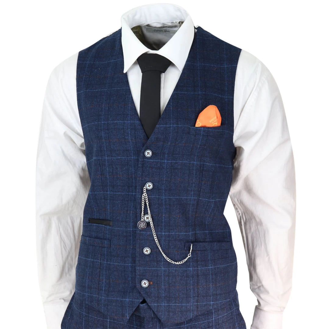 Mens Navy Blue Check 3 Piece Suit-TruClothing