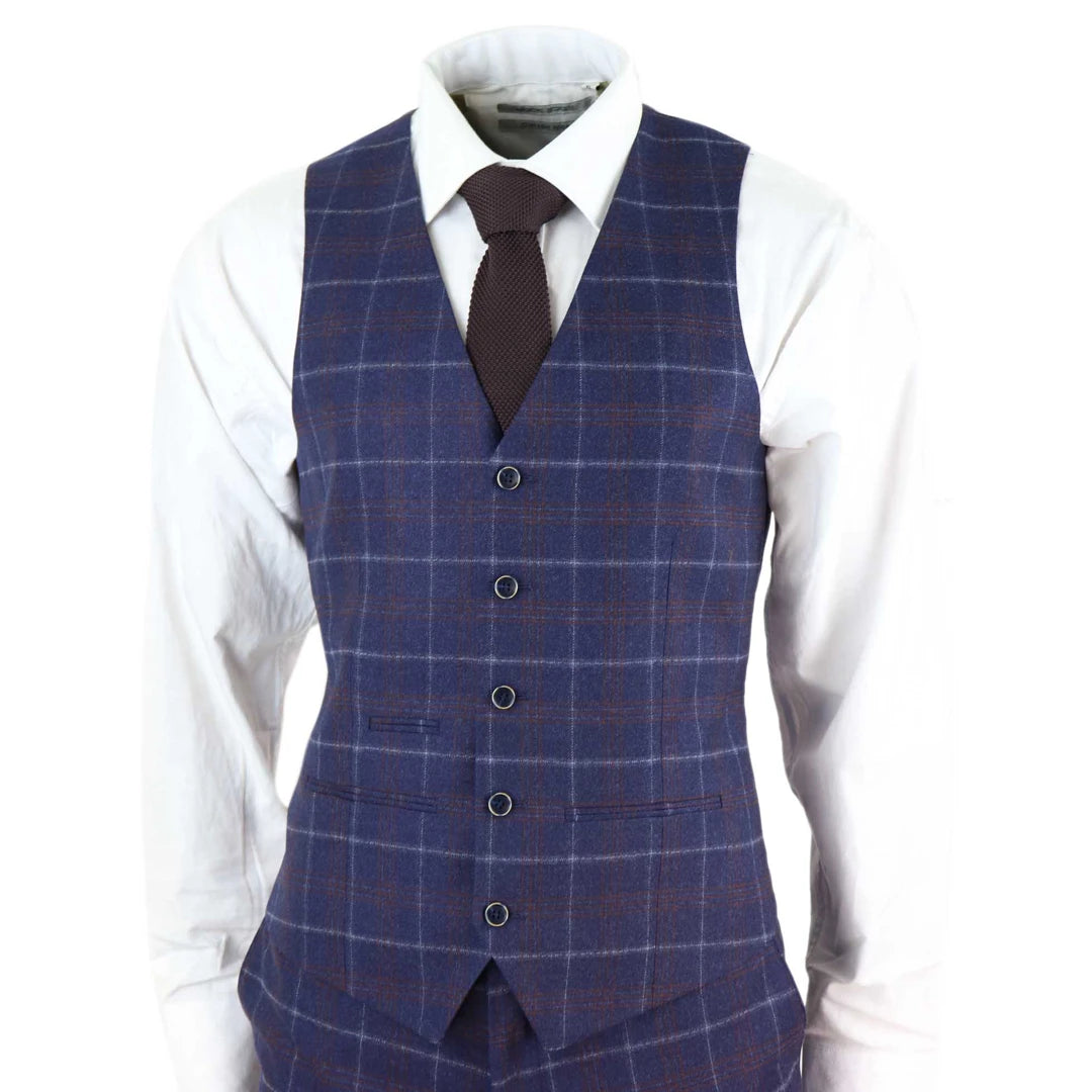 Mens Navy-Blue Check 3 Piece Suit - Paul Andrew Kenneth-TruClothing