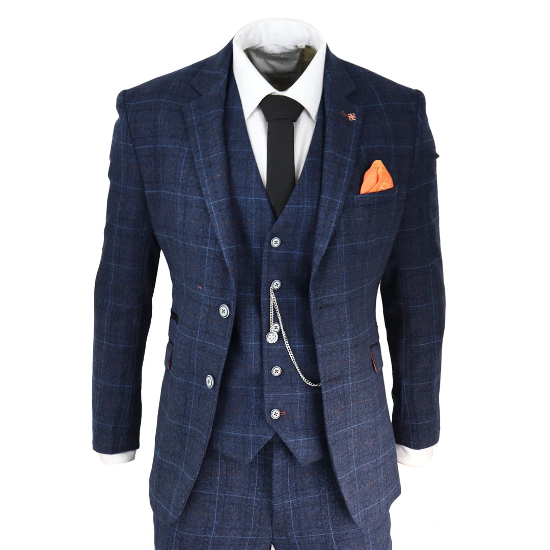 Mens Navy Blue Check 3 Piece Suit-TruClothing