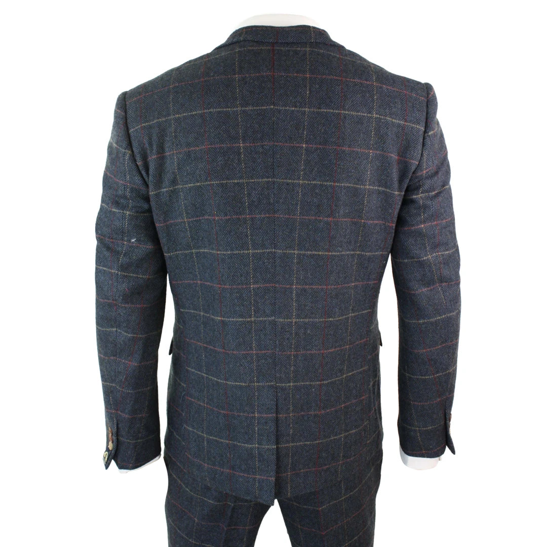 Mens Navy Blue Wine Check Herringbone Tweed Vintage 3 Piece New Marc Darcy Suit-TruClothing