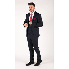 Mens Navy Check 3 Piece Suit Red Edinson Marc Darcy Classic Vintage Wedding-TruClothing
