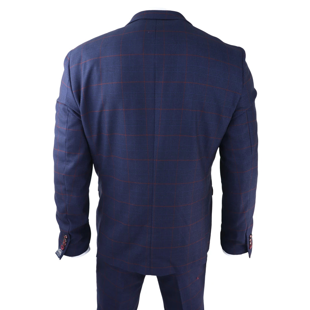 Mens Navy Check 3 Piece Suit Red Edinson Marc Darcy Classic Vintage Wedding-TruClothing