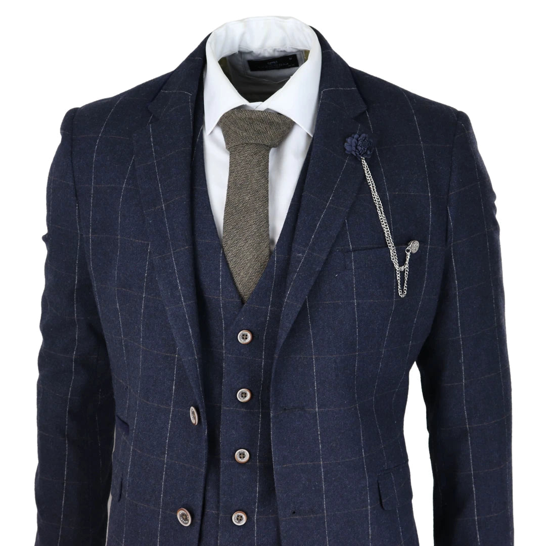 Mens Navy Check 3 Piece Suit Wool Tweed Classic 1920s Vintage Tailored Fit Wedding-TruClothing