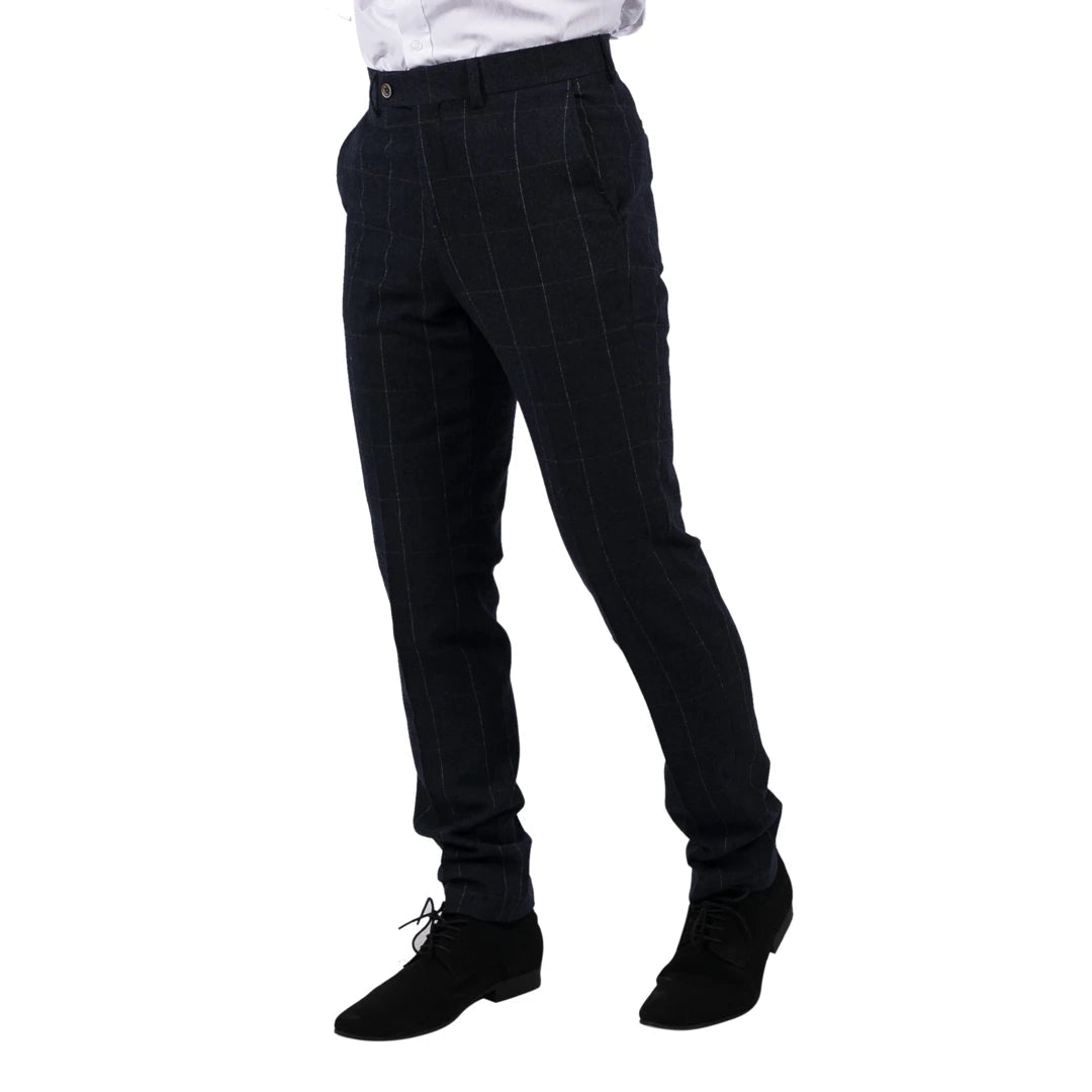Mens Navy Check Trousers Wool Tweed Classic 1920s Vintage Tailored Fit Wedding-TruClothing