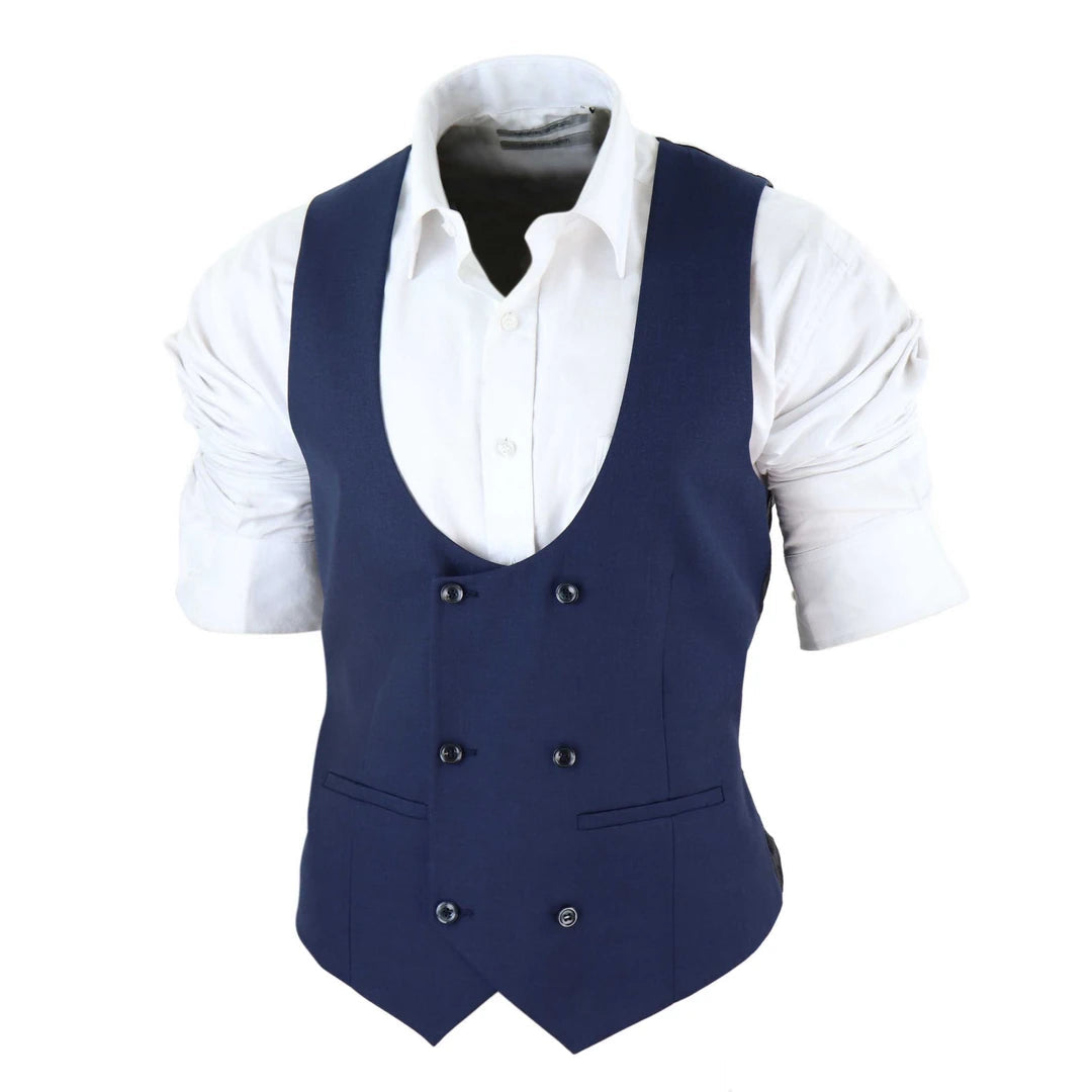 Mens Navy Double Breasted Tailored Fit Classic Retro Office Smart Formal-TruClothing