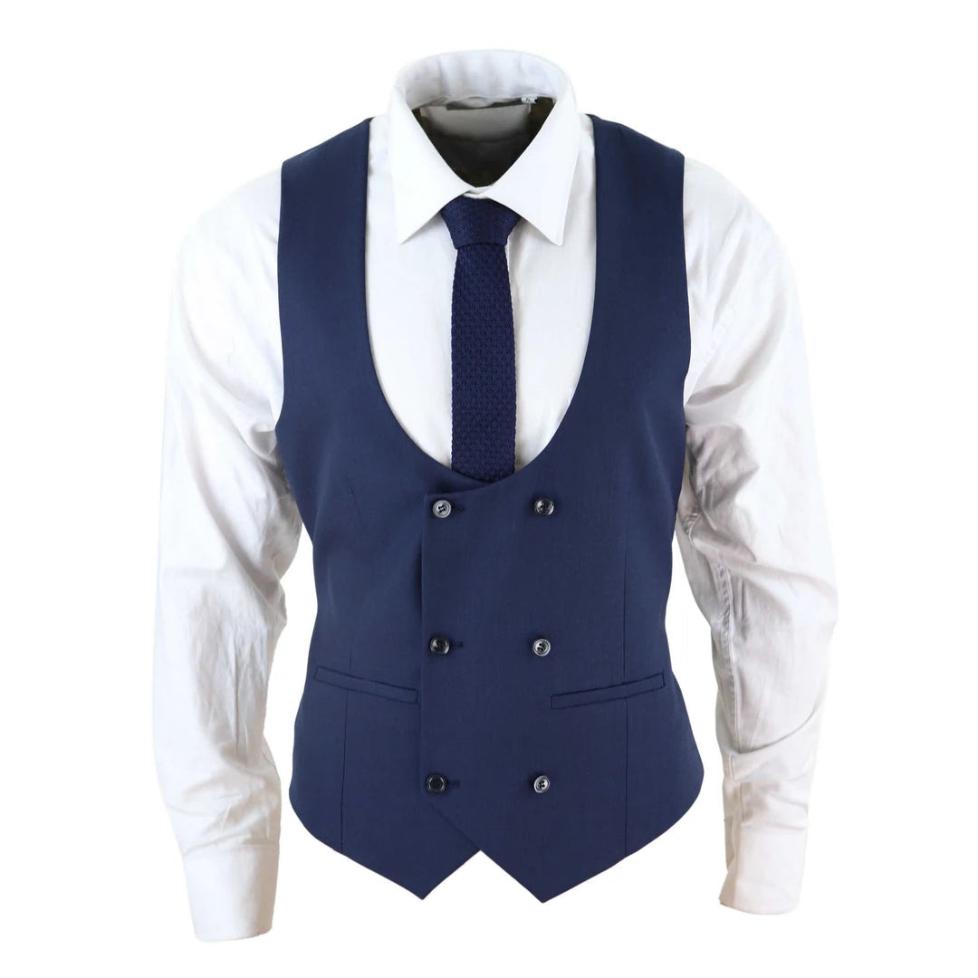 Mens Navy Double Breasted Tailored Fit Classic Retro Office Smart Formal-TruClothing