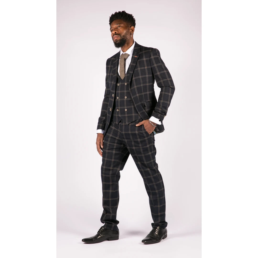 Mens Navy and Tan Check 3 Piece Suit - Cavani Hardy-TruClothing
