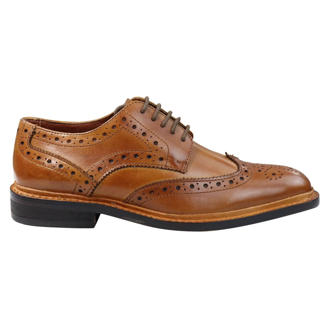 Mens Oxford Brogue Shoes Laced Leather Goodyear Welted Tan Brown Burgundy-TruClothing