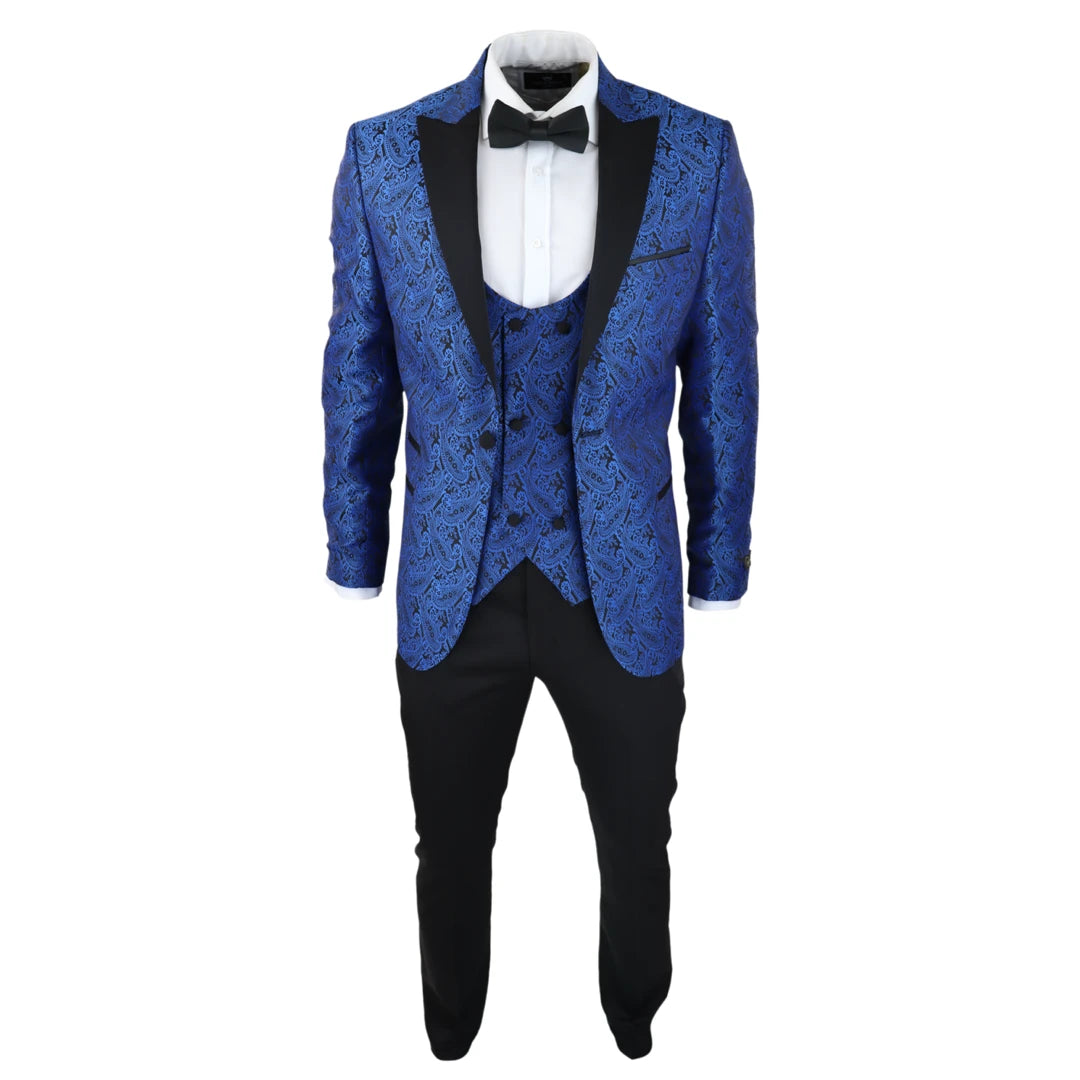 STZ60 Men s Black Blue Paisley Tuxedo Blazer And Waistcoat Dinner Jacket Satin Blue 36