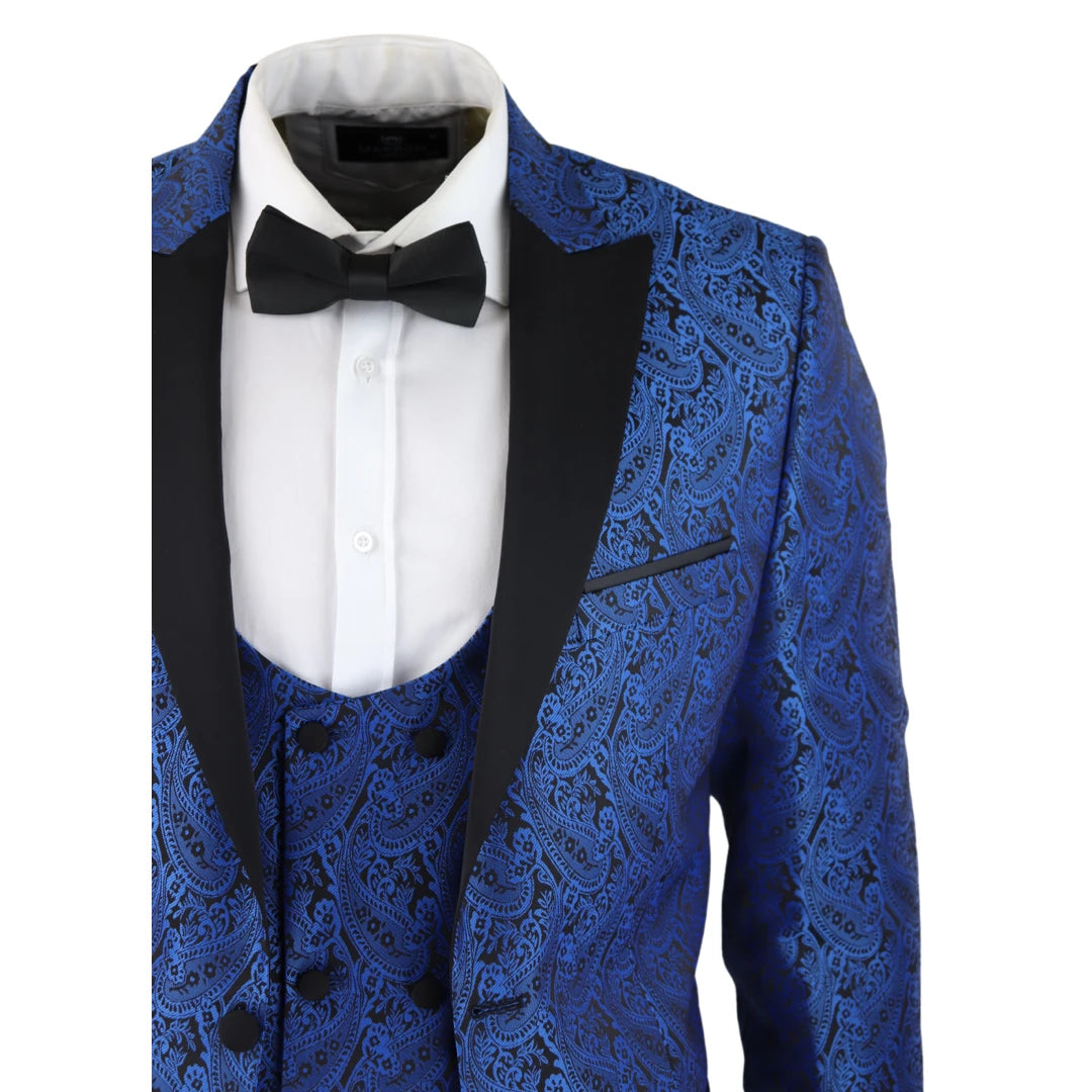 Mens Paisley Tuxedo Blazer And Waistcoat Brocade Dinner Jacket Satin Black Blue-TruClothing