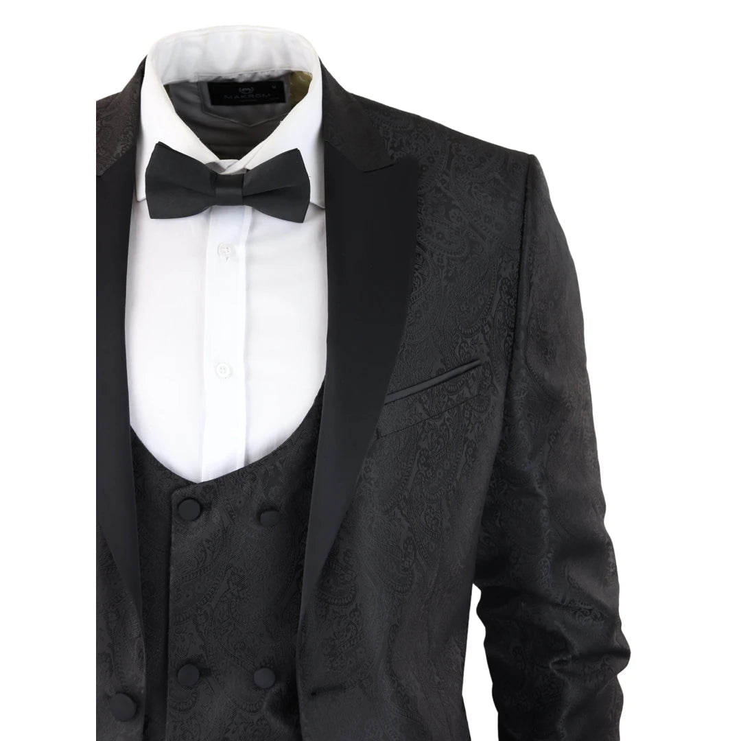 STZ62 Men s Black Paisley Tuxedo Blazer And Waistcoat Dinner Jacket Satin Black 36