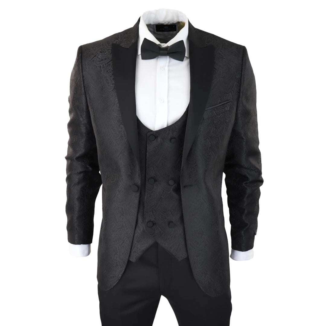 Mens Paisley Tuxedo Blazer And Waistcoat Brocade Dinner Jacket Satin Black Fit-TruClothing