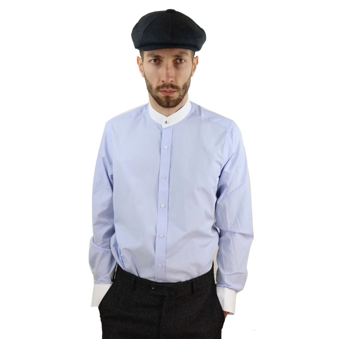 Mens Peaky Blinders Polka Shirt Removable Collar Penny Button Nehru Collarless-TruClothing