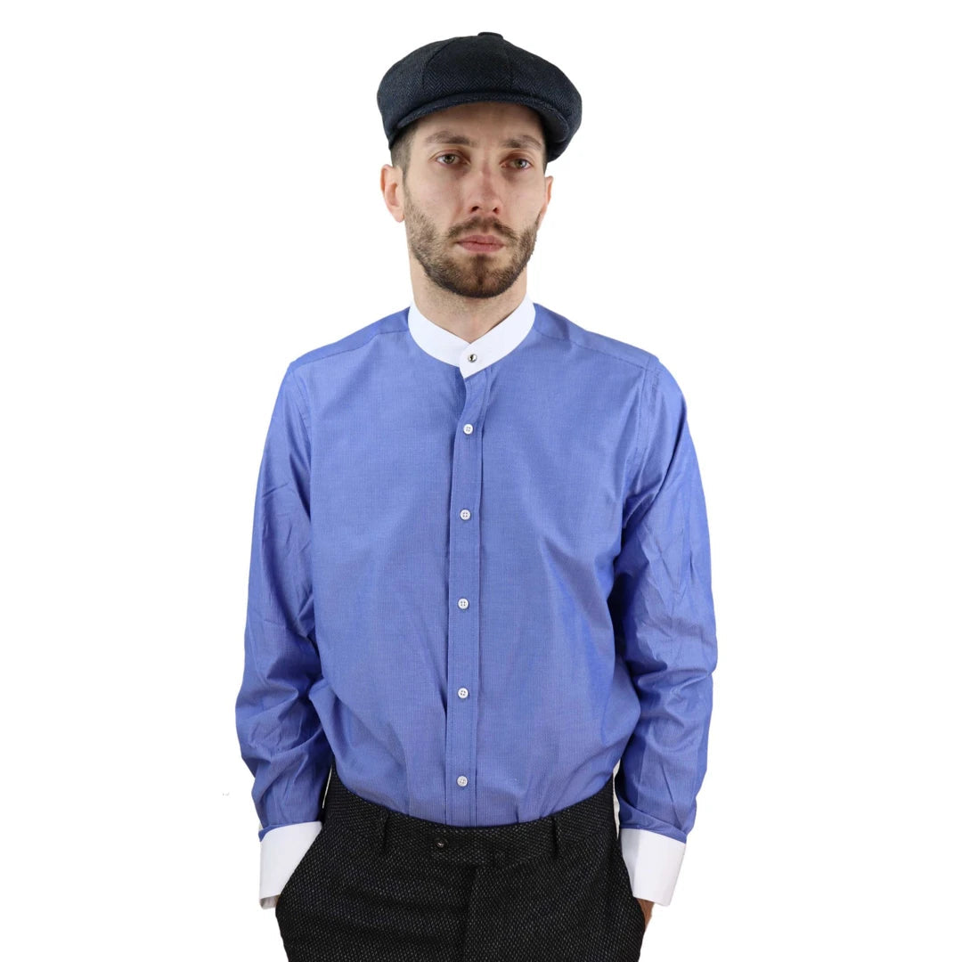 Mens Peaky Blinders Polka Shirt Removable Collar Penny Button Nehru Collarless-TruClothing