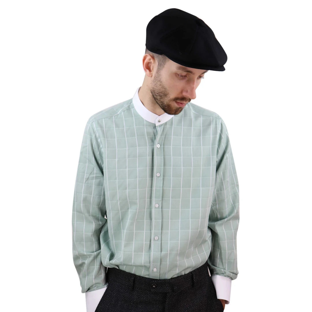 Mens Peaky Blinders Shirt Removable Collar Penny Button Check Nehru Collarless-TruClothing