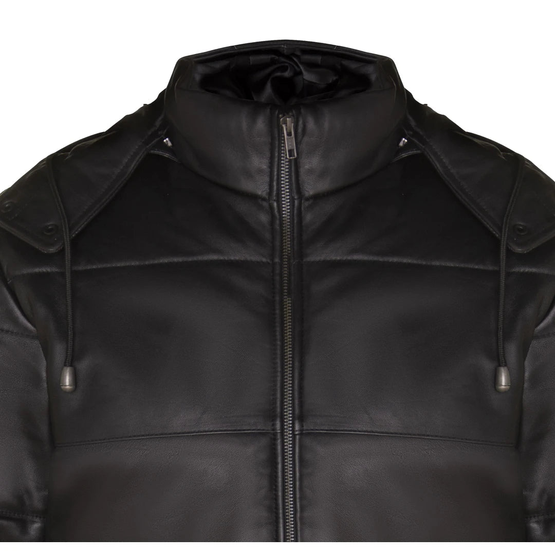 Mens Puffer Hood Jacket Real Leather Black Brown Casual Retro 80s Classic Casual-TruClothing