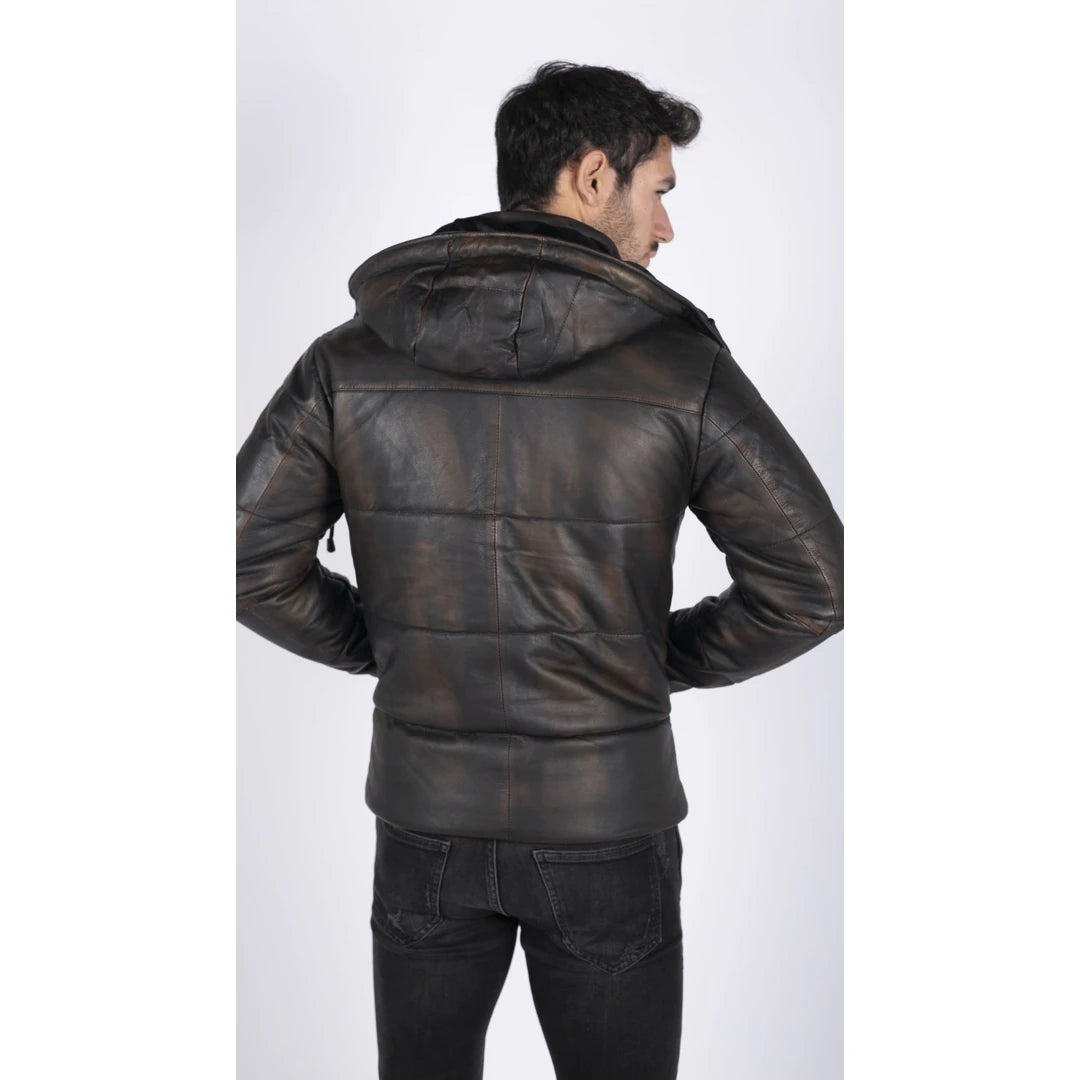 Mens Puffer Hood Jacket Real Leather Black Brown Casual Retro 80s Classic Casual-TruClothing