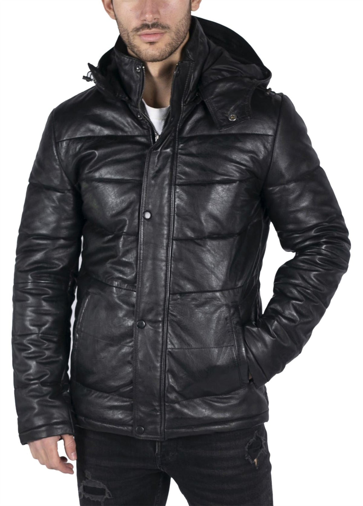 Mens Puffer Hood Quilted Jacket Real Leather Black Casual Retro 80s Classic Casual-TruClothing
