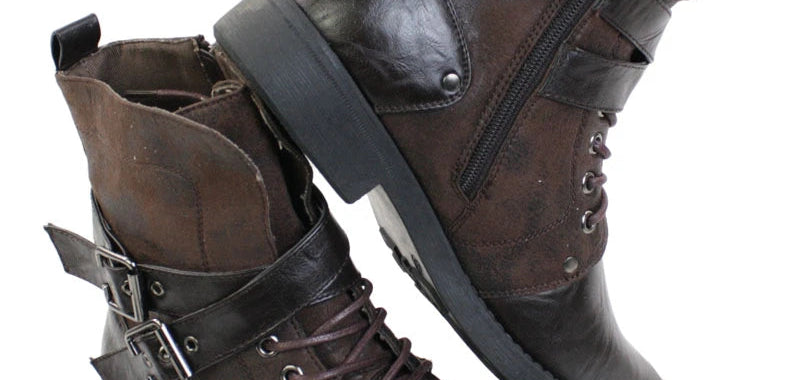 Mens Punk Rock Goth Emo Ankle Boots Brown Black Leather Buckle-TruClothing