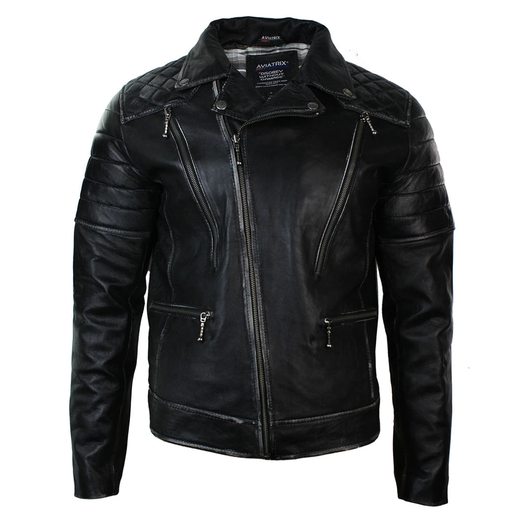 Mens Punk Rock Real Leather Cross Zip Biker Jacket Vintage Retro Effect-TruClothing