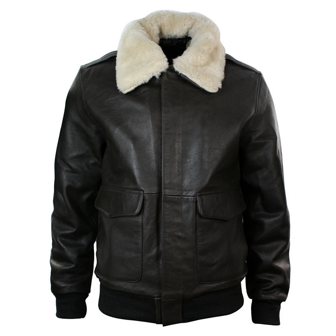 Mens Real Fur Collar Leather Bomber Pilot Flying Jacket Black Brown-TruClothing