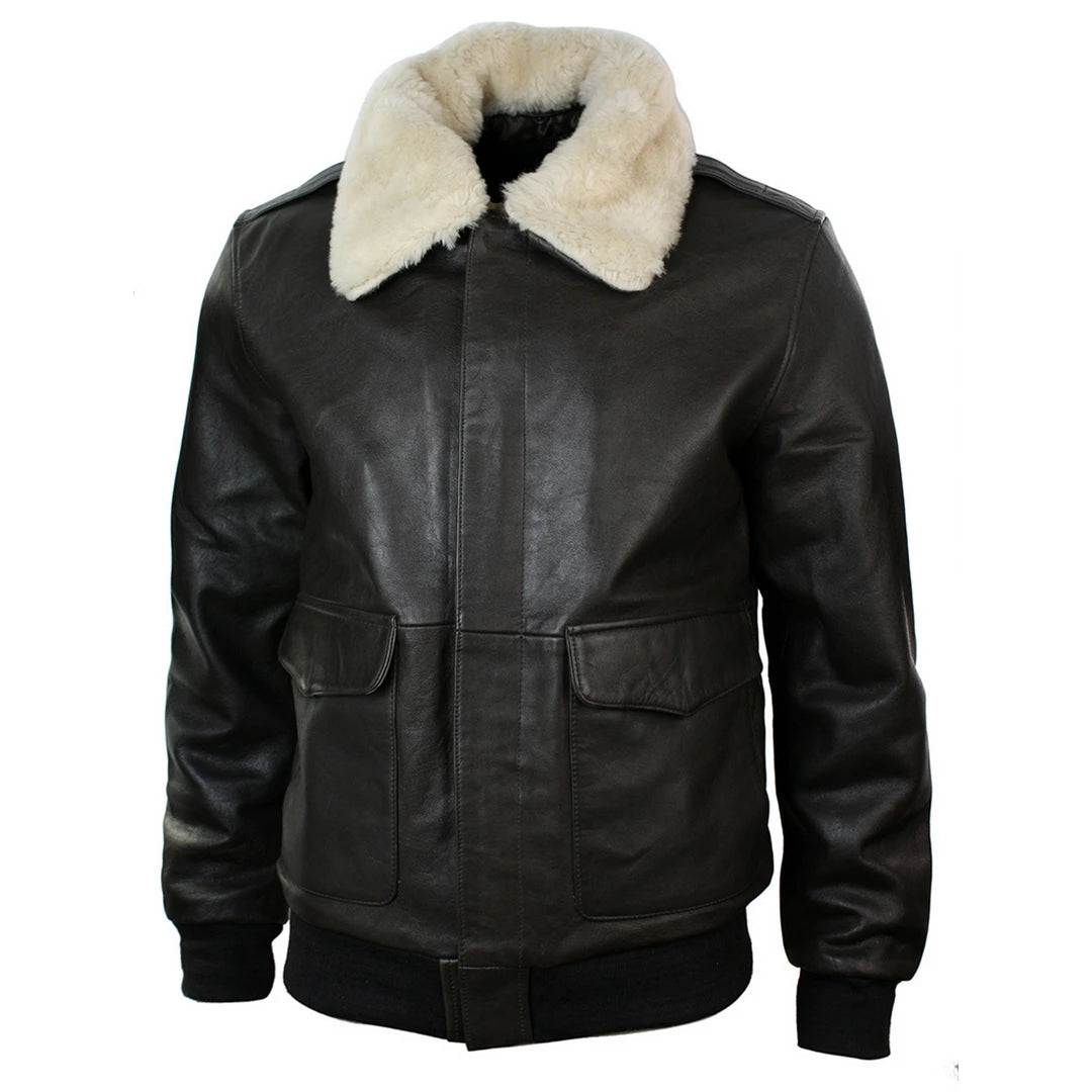 Mens Real Fur Collar Leather Bomber Pilot Flying Jacket Black Brown-TruClothing