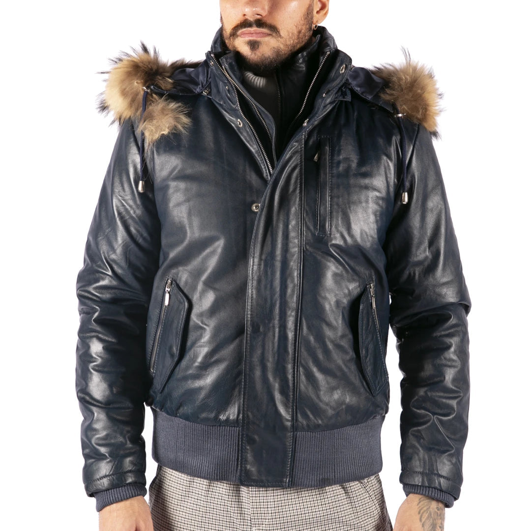Mens Real Fur Hood Bomber Leather Jacket Black Puffer Padded-TruClothing