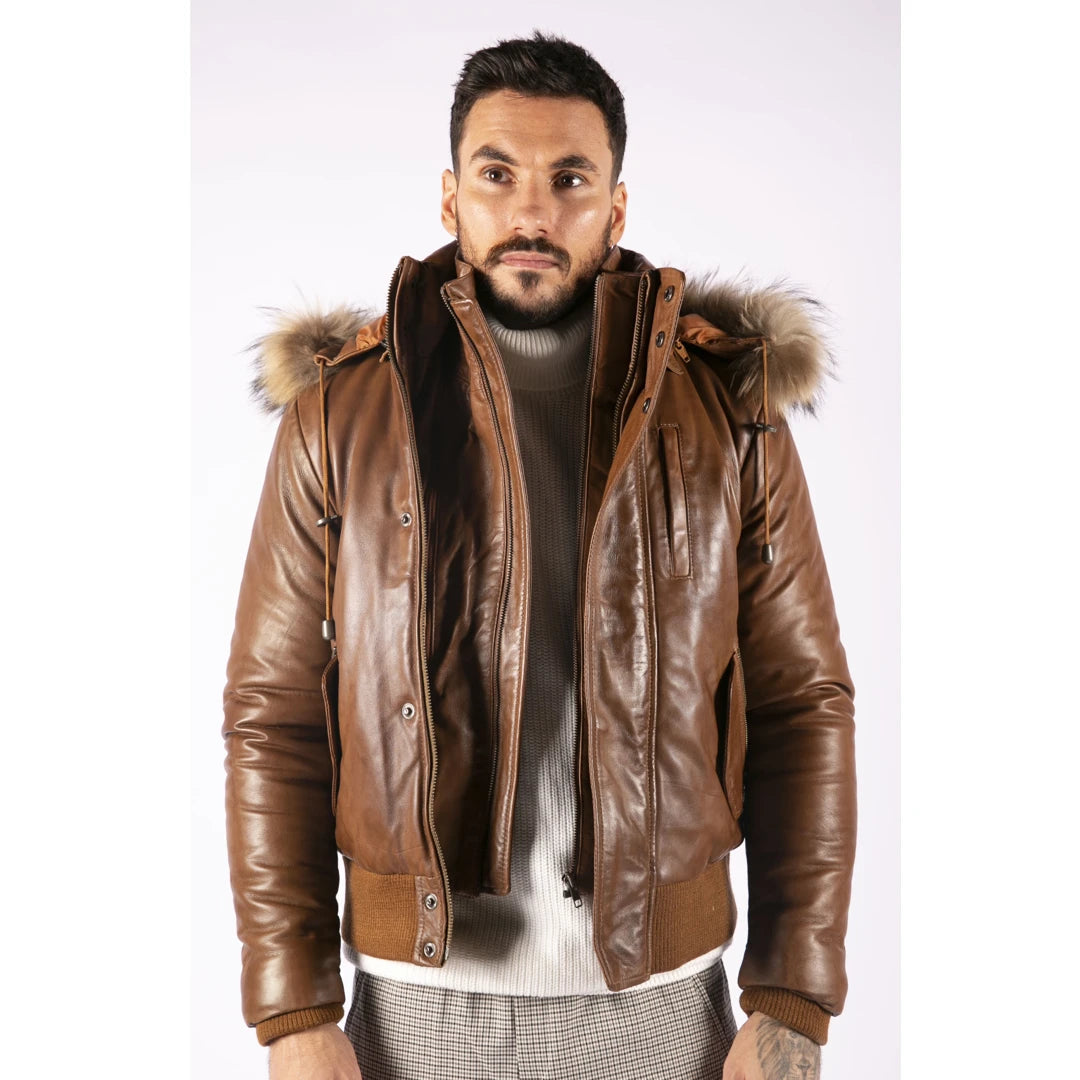 Mens Real Fur Hood Bomber Leather Jacket Black Puffer Padded-TruClothing