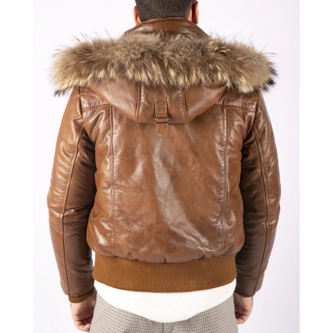 Men s Fur Hooded Bomber Puffer Leather Jacket TruClothing