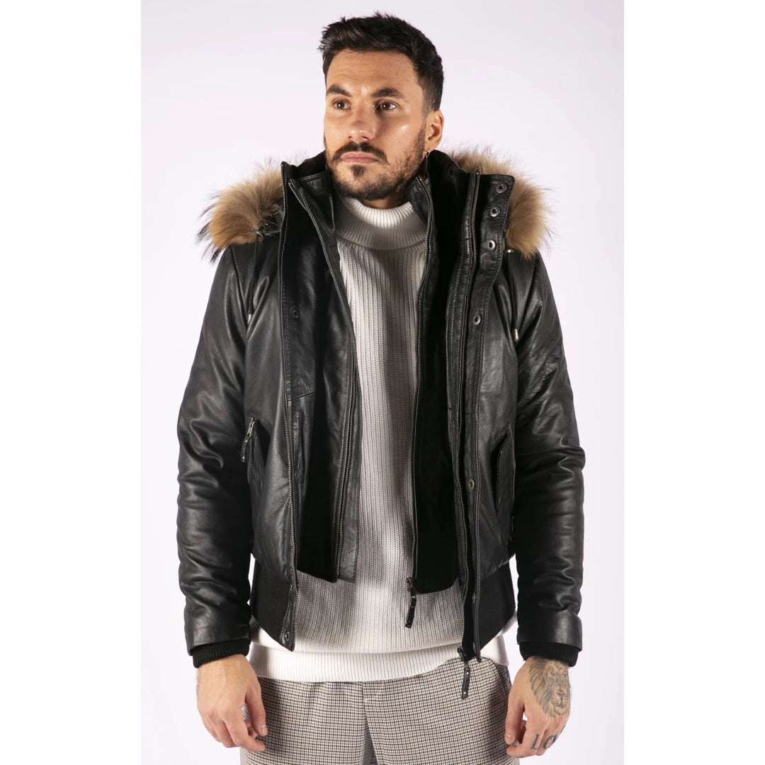Men s Fur Hooded Bomber Puffer Leather Jacket TruClothing