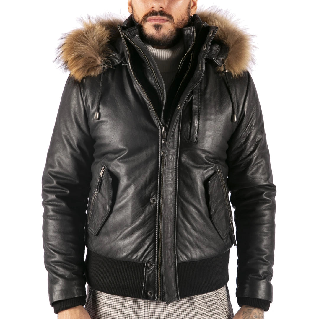 Men's Fur Hooded Bomber Puffer Leather Jacket | TruClothing