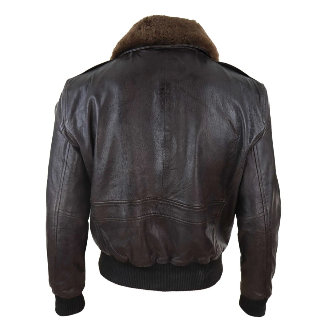 Mens Real Leather Aviator Bomber Jacket Removable Fur Collar Pilot Flying Jacket-TruClothing