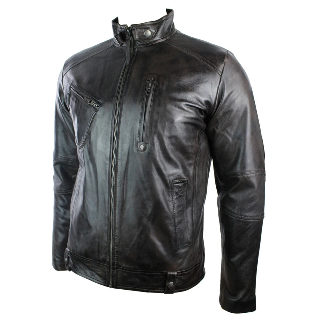 Mens Real Leather Biker Jacket Vintage Dark Brown Zipped Funky Retro Casual-TruClothing