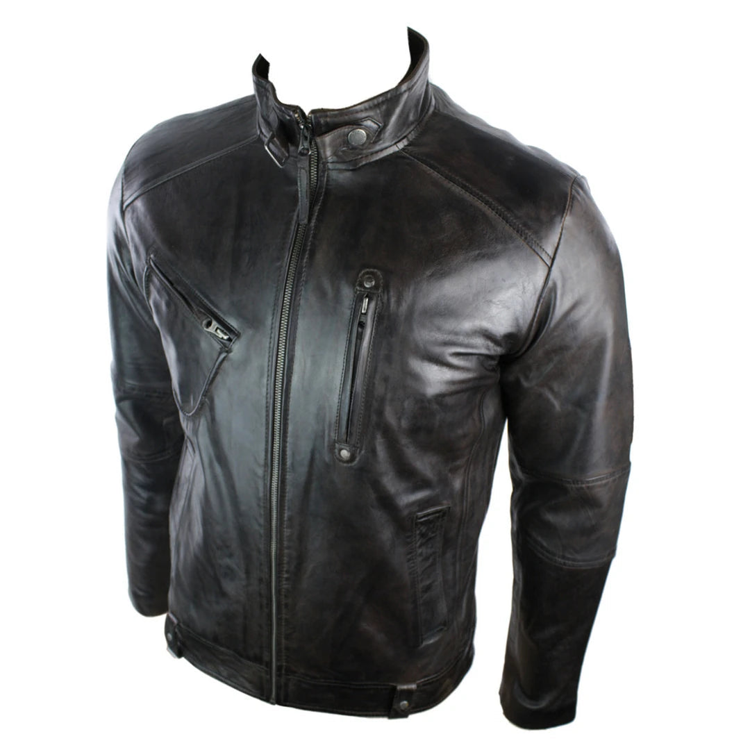 Mens Real Leather Biker Jacket Vintage Dark Brown Zipped Funky Retro Casual-TruClothing