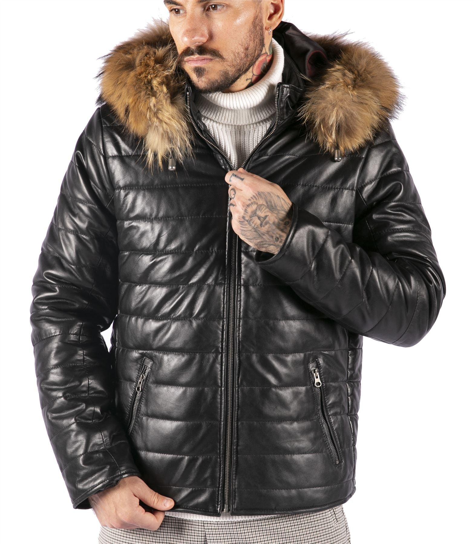 Mens Real Leather Black Puffer Jacket With Hood Retro Casual Warm Zipped-TruClothing