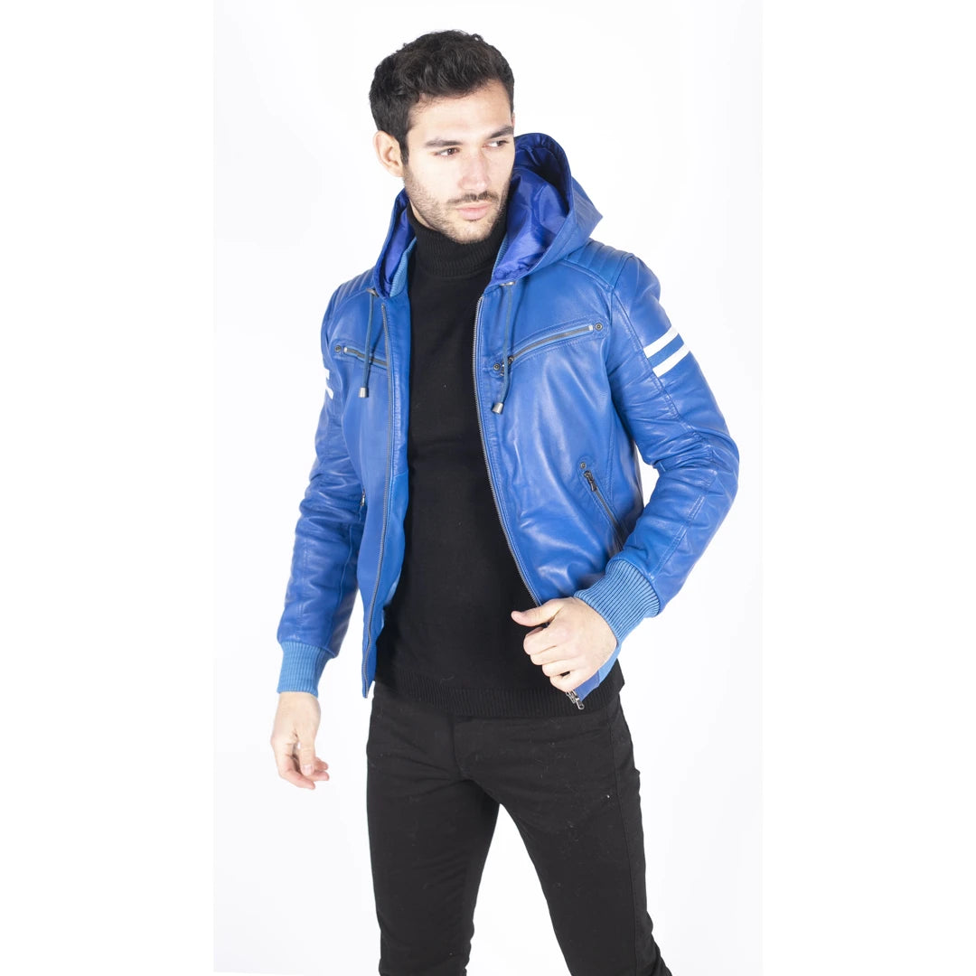 Men's Real Leather Bomber Jacket with Hood-TruClothing