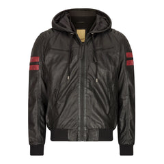 Men's Real Leather Bomber Jacket with Hood-TruClothing