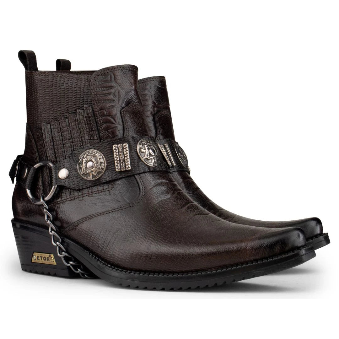 Mens Real Leather Cowboy Boots with Chain-TruClothing
