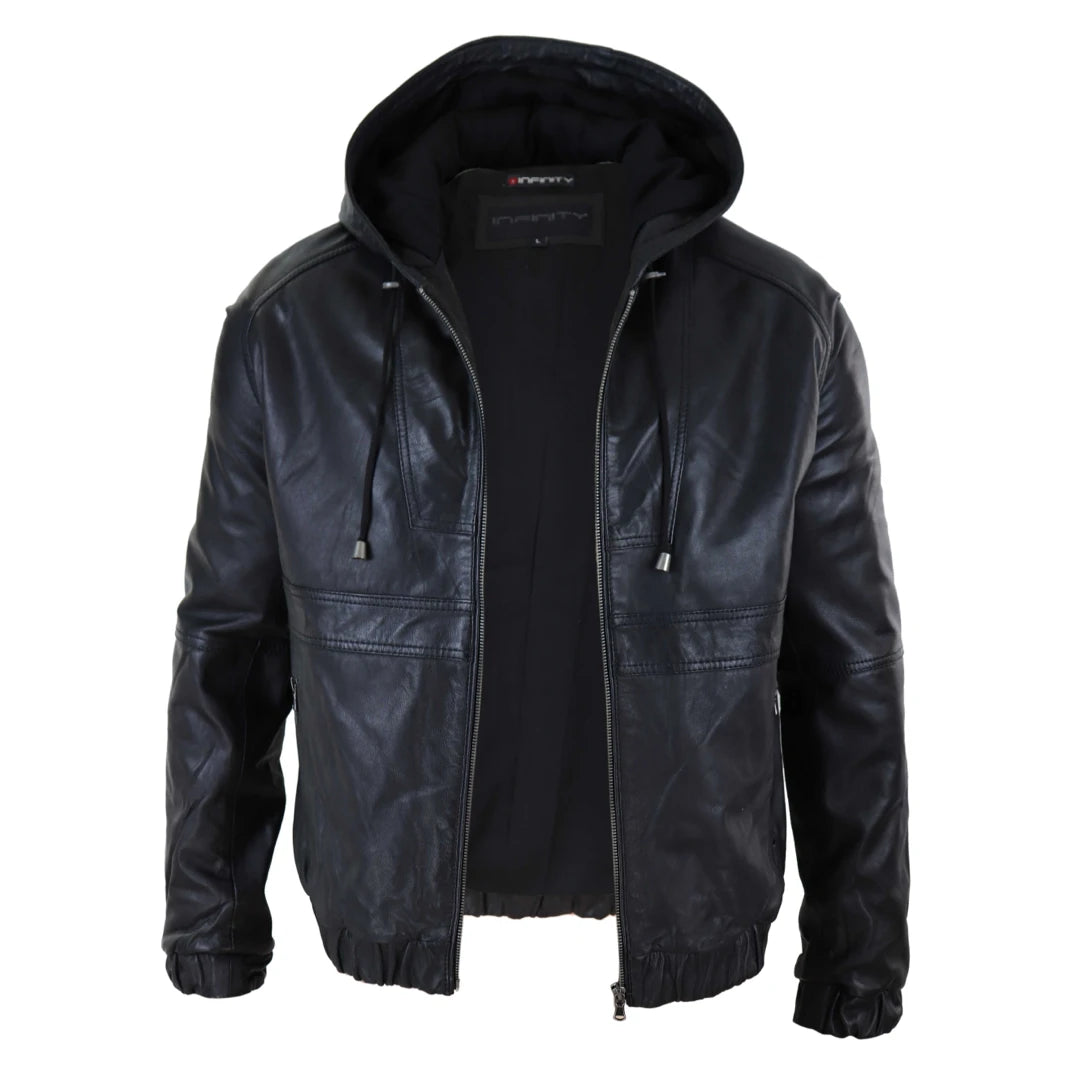 Mens Real Leather Hood Bomber Jacket Tan Brown Black Zipped Tailored Fit Casual-TruClothing