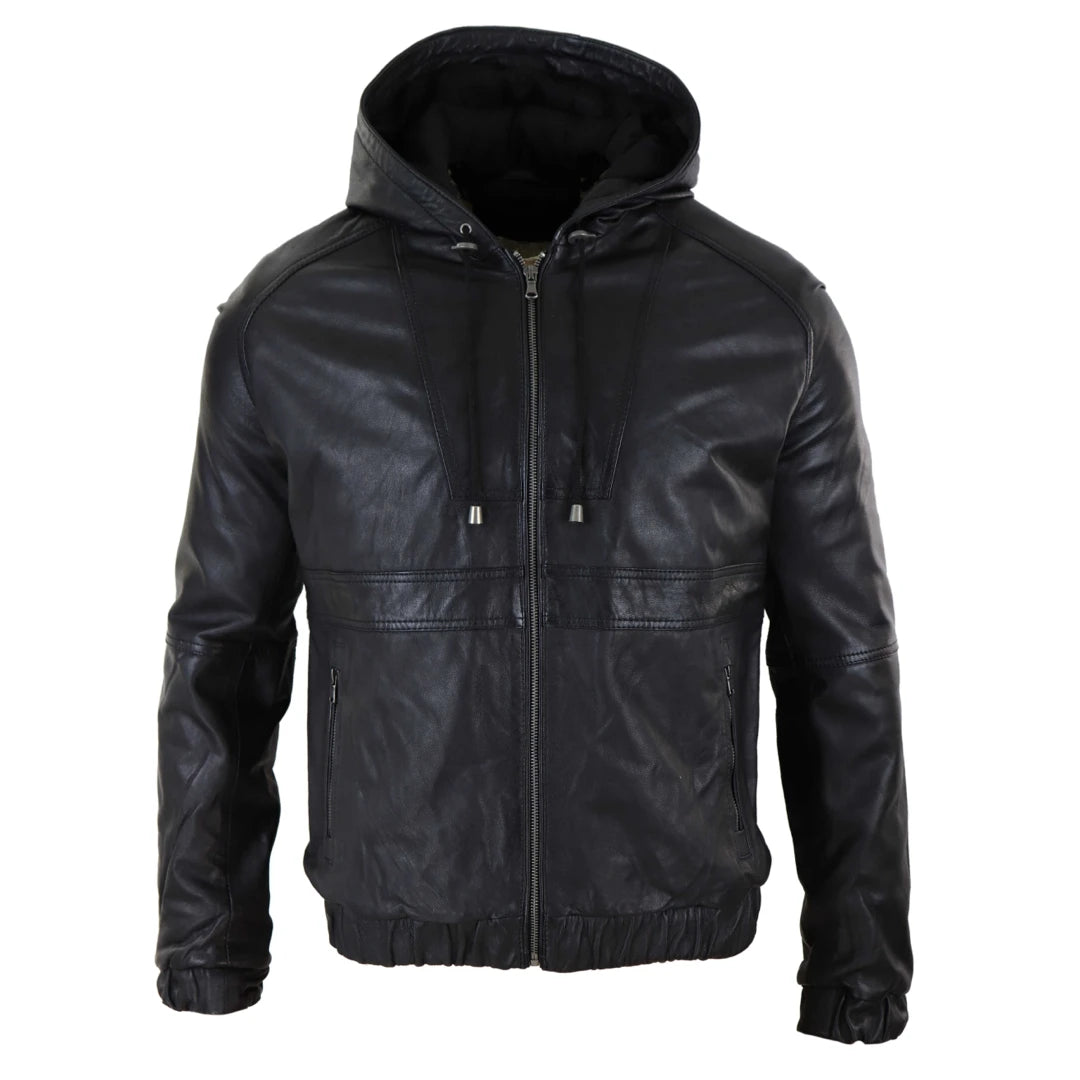 Mens Real Leather Hood Bomber Jacket Tan Brown Black Zipped Tailored Fit Casual-TruClothing